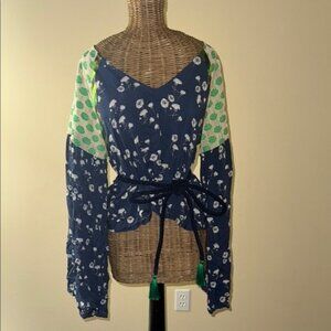 Celeni Mixed Media Floral Navy and Green Women's Top S